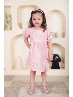 Polka Tots - Cotton Sleeves Printed Frock With Headband-Peach