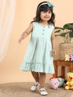 Polka Tots - Cotton Sleeves Printed Frock With Headband-Green
