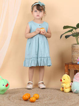 Polka Tots - Cotton Sleeves Printed Frock With Headband-Blue