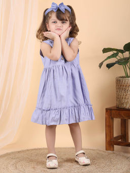 Polka Tots - Cotton Sleeves Printed Frock With Headband-Lavender
