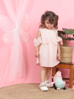 Polka Tots - Cotton Sleeves Printed Frock With Headband-Pink