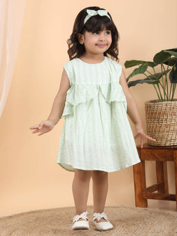 Polka Tots - Cotton Sleeves Printed Frock With Headband-Blue