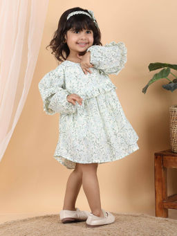 Polka Tots - Cotton Full Sleeve Printed Frock With Headband-Blue
