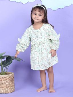 Polka Tots - Cotton Full Sleeve Printed Frock With Headband-Blue