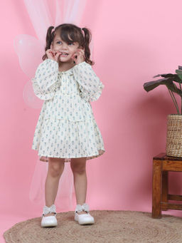 Polka Tots - Cotton Full Sleeve Printed Frock-Off White