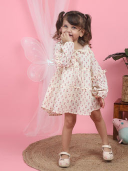 Polka Tots - Cotton Full Sleeve Printed Frock-Cream