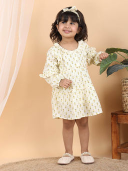 Polka Tots - Cotton Full Sleeve Printed Frock With Headband-Cream