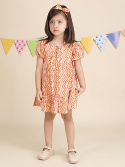 Polka Tots - Cotton Half Sleeve Printed Frock With Headband-Orange
