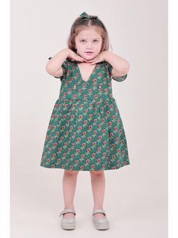 Polka Tots - Cotton Half Sleeves Floral Print Frock With Headband-Green