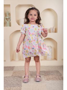 Polka Tots - Cotton Half Sleeves Floral Print Frock With Headband-Multi-Color