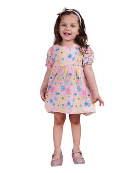 Polka Tots - Cotton Half Sleeves Floral Print Frock With Headband-Pink
