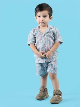 Polka Tots - Cotton Half Sleeve Stripes Print Co-Ord Set-Green