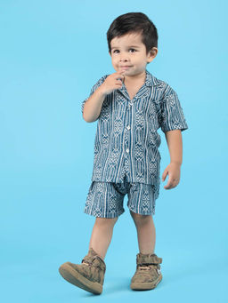 Polka Tots - Cotton Half Sleeve Geometric Print Co-Ord Set-Green