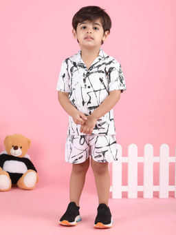 Polka Tots - Cotton Half Sleeve Brush Print Co-Ord Set-White