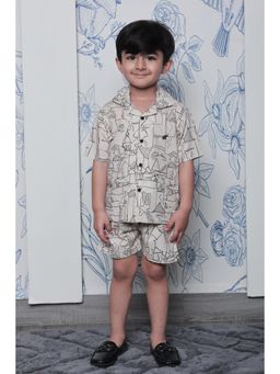 Polka Tots - Cotton Half Sleeve Abstract Print Co-Ord Set-Cream