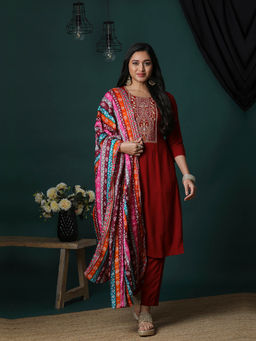 Globus - Maroon Embroidered Kurta with Pant and Dupatta (Set of 3)