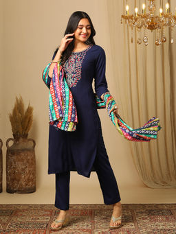 Globus - Blue Embroidered Kurta with Pant and Dupatta (Set of 3)