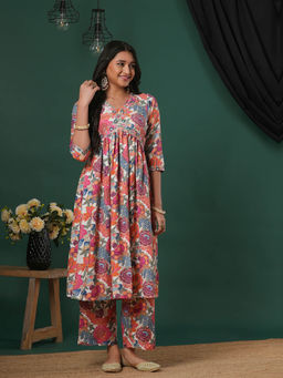 Globus - Coral Floral Printed Kurta with Pant (Set of 2)