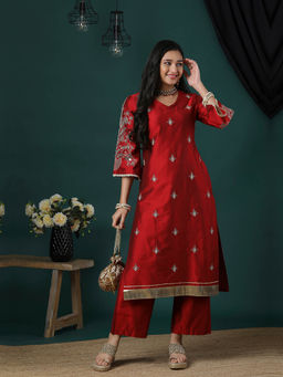 Globus - Maroon Embroidered Kurta with Pant (Set of 2)