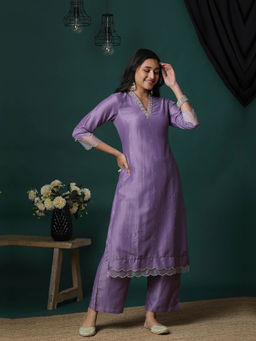 Globus - Purple Embroidered Kurta with Pant (Set of 2)