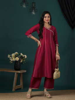 Globus - Maroon Embroidered Angarkha Kurta with Pant (Set of 2)