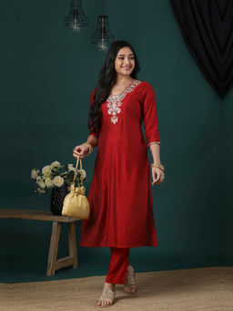 Globus - Maroon Embroidered Kurta with Pant (Set of 2)