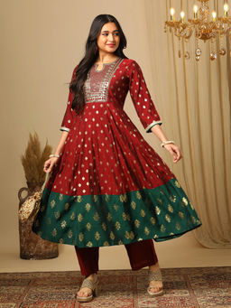 Globus - Maroon Embroidered Anarkali Kurta with Pant (Set of 2)