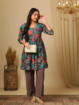 Globus - Blue Floral Printed Kurti with Pant (Set of 2)