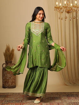 Globus - Green Floral Kurta with Sharara and Dupatta (Set of 3)