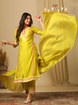 Globus - Lime Green Embroidered Kurta with Pant and Dupatta (Set of 3)