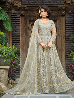 Odette - Beautiful Grey Net Embroidered Semi Stitched Anarkali Suit (Set of 3)
