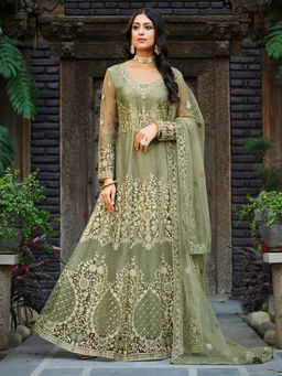 Odette - Stylish Olive Net Embroidered Semi Stitched Anarkali Suit (Set of 3)