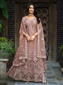 Odette - Stunning Light Brown Net Embroidered Semi Stitched Anarkali Suit (Set of 3)