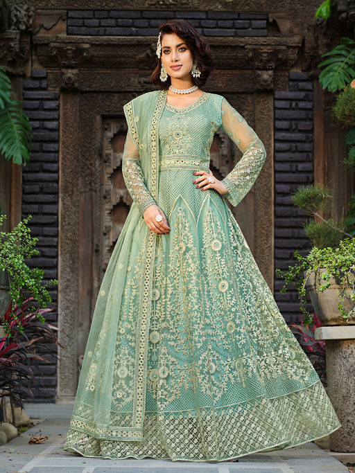 Buy Odette Classic Sea Green Net Embroidered Semi Stitched Anarkali Suit  (Set of 3) Online