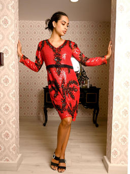 Odette - Fully Beaded V-Neck Sequence Dress Red & Black