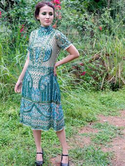 Odette - Fully Beaded Turtle Neck Sequence Dress Turquoise