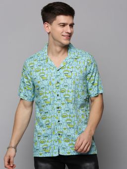 SHOWOFF - Mens Cuban Collar Blue Printed Shirt