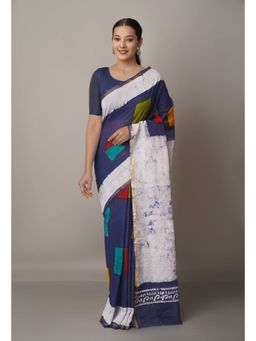 Unnati Silks - Navy Blue Batik Sico Saree with Unstitched Blouse