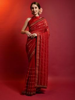 Odette - Red Georgette Striped Sarees with Unstitched Blouse