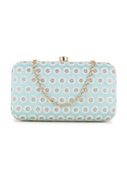 Anekaant - Hue Pastel Blue, White & Gold Faux Silk Polka Dot Embroidered Clutch