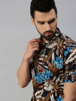 SHOWOFFFF - Men Casual Cotton Printed Slim Fit Shirts-navy Blue
