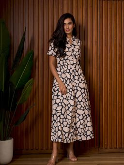 How When Wear - Beige Pebble Print Midi Dress