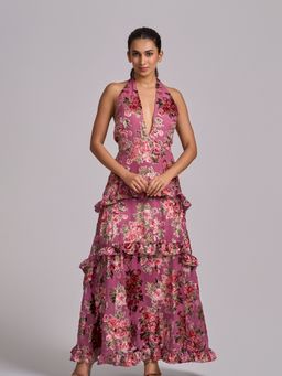 How When Wear - Pink Plunge Neck Layered Velvet Dress