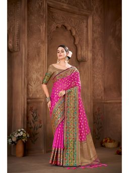 Silk Land - Banarasi Zari Woven Pink Saree with Unstitched