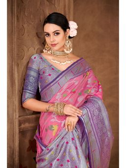 Silk Land - Womens Brocade Soft Silk Pink Zari Woven Saree with Unstitched Blouse