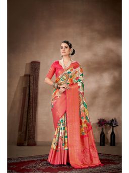 Silk Land - Women Pure Silk Saree -Multi-Color with Unstitched Blouse