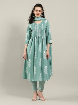 MEENA BAZAAR - Printed Green Cotton Kurta with Pant and Dupatta