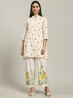 MEENA BAZAAR - Women'S Floral Printed Cream Cotton Kurta with Pant