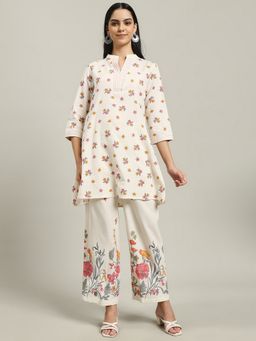 MEENA BAZAAR - Floral Printed Cream Cotton Kurta with Pant