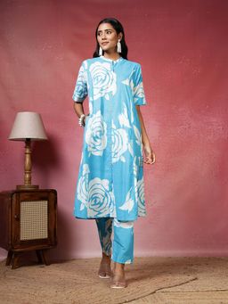 MEENA BAZAAR - Floral Printed Blue Cotton Fabric Co-Ords